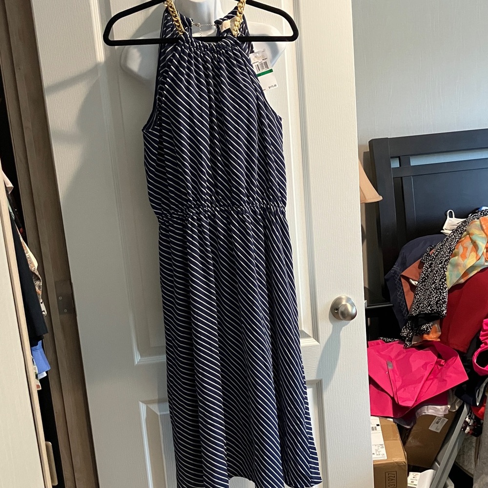 Michael Kors Navy and White Striped Halter Dress with Gold Chain